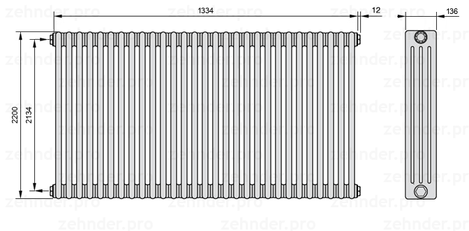 Схема (чертеж) Радиатор Zehnder Charleston 4220/29 №1270 Белый глянцевый RAL 9016